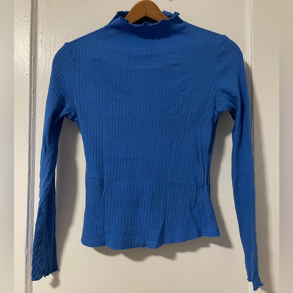 Blue Ribbed Mock Neck Top